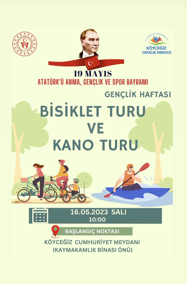 16 Mayıs 2023 Salı günü Kano ve Bisiklet turu etkinliğimize davetlisiniz 🚴‍♀️🚴🛶
📍Saat:10.00
📍Yer:Cumhuriyet Meydanı 
#KöyceğizGençlikMerkezi
#BisikletTuru
#Kanoturu