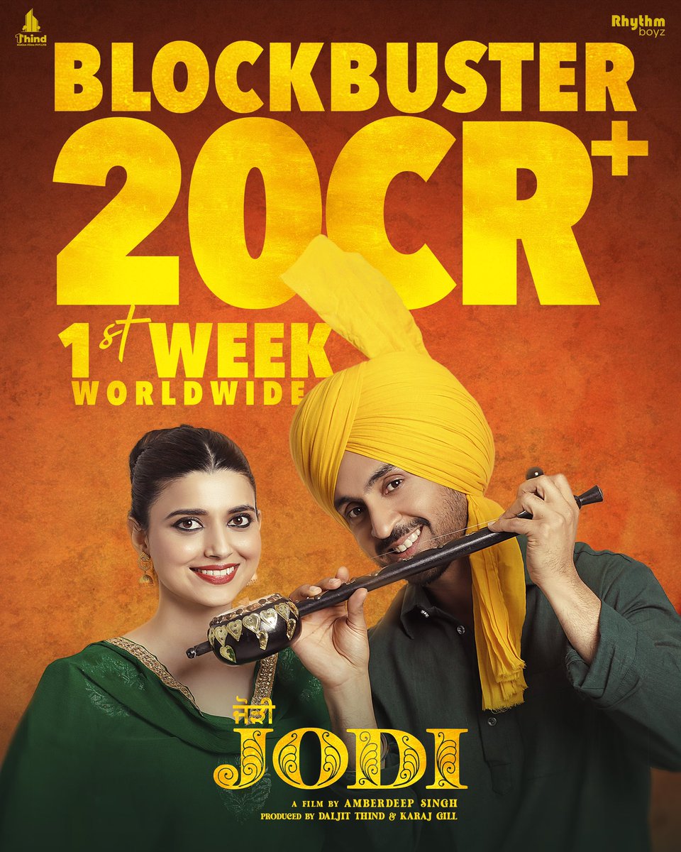 DILJIT DOSANJH - ‘JODI’… #DiljitDosanjh continues to make waves with his latest cinematic triumph… #Jodi has set the worldwide #BO ablaze, crossing ₹ 20 cr mark in just one week.

After leaving an indelible mark at #Coachella, #DiljitDosanjh has once again demonstrated his