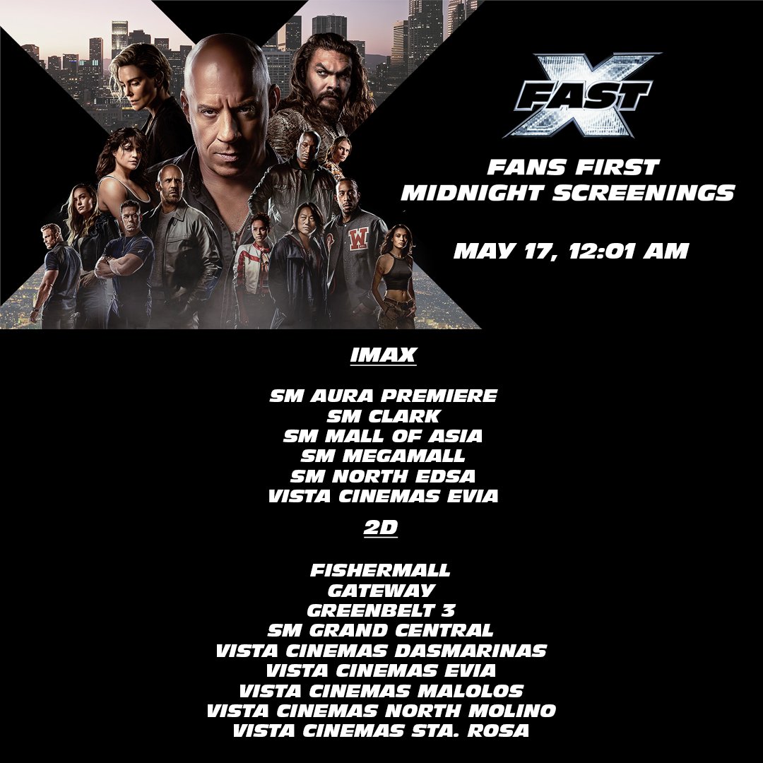 L13FJM's tweet photo. π¬ #FastXPH Fans First Midnight Screenings
π May 17, 2023 (Wed) | 12:01AM
Be the first to hear #Angel_Pt1 feat. #Jimin from #FastX on IMAX or 2D experience at these listed PH cinemas!π
Book your tickets now π https://t.co/er17lX5wZX https://t.co/03cjZHGLh9