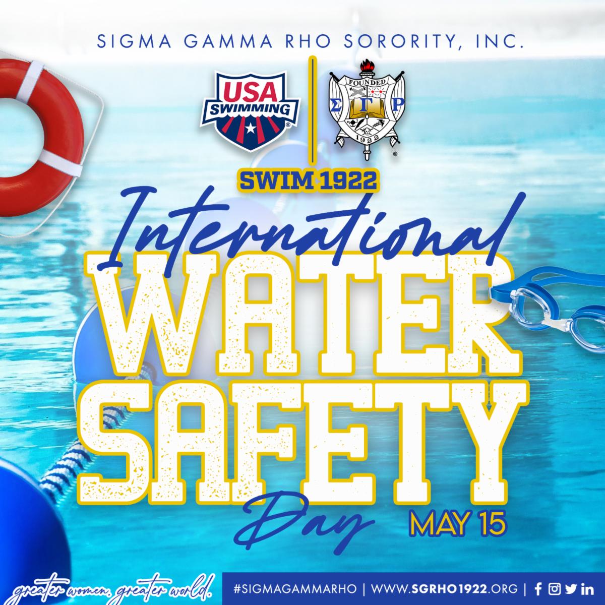 SGRhoSpringTX's tweet photo. Today is International Water Safety Day!  #SigmaGammaRho Sorority, Inc. is proud to partner with #USASwimming for our #Swim1922 initiative. 

Let's work together to keep our kids safe as pools begin to open in the next few weeks.

#LambdaOmegaSigma #GreaterWomenGreaterWorld https://t.co/eO1L1fOeD6