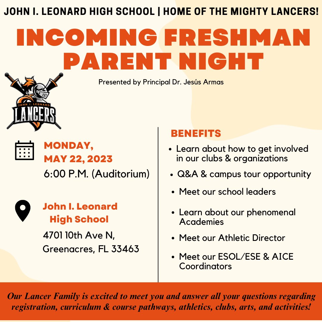 Attention families with current 8th graders, the Lancer Family invites you to our Incoming Freshman Parent Night on Monday, May 22nd, at 6PM.

Please share this information with friends, family, and neighbors.  <a href="/palmspringsms/">Palm Springs Middle</a> <a href="/okeeheeleems/">Okeeheelee Middle School</a> <a href="/LCSwainMiddle/">LC SwainMiddleSchool</a> <a href="/pbcsd/">The School District of Palm Beach County</a>