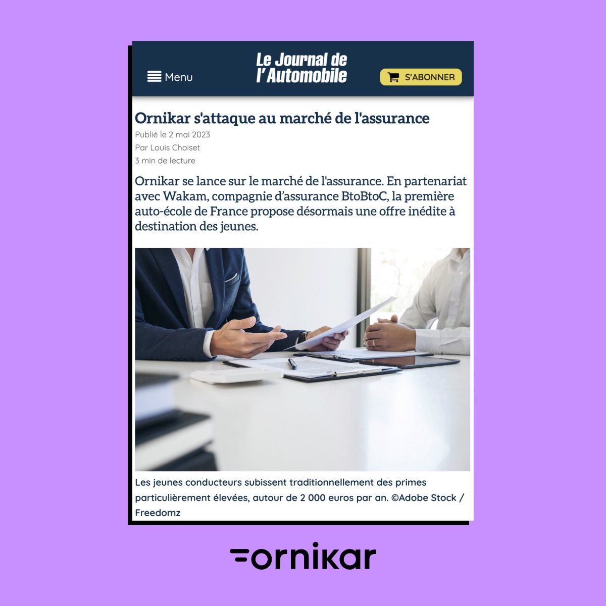 Ornikar 🚘 (@ornikar) on Twitter photo Avec près de 3 millions d'élèves & 1 jeune sur 2 qui passe par Ornikar pour passer le permis, nous profitons de notre connaissance des jeunes pour conquérir le marché de l'assurance auto avec une offre inédite !
Merci <a href="/Journal_Auto/">JournalAuto.com</a> pour cet article 🙏
👉 journalauto.com/services/ornik… Avec près de 3 millions d'élèves & 1 jeune sur 2 qui passe par Ornikar pour passer le permis, nous profitons de notre connaissance des jeunes pour conquérir le marché de l'assurance auto avec une offre inédite !
Merci <a href="/Journal_Auto/">JournalAuto.com</a> pour cet article 🙏
👉 journalauto.com/services/ornik…