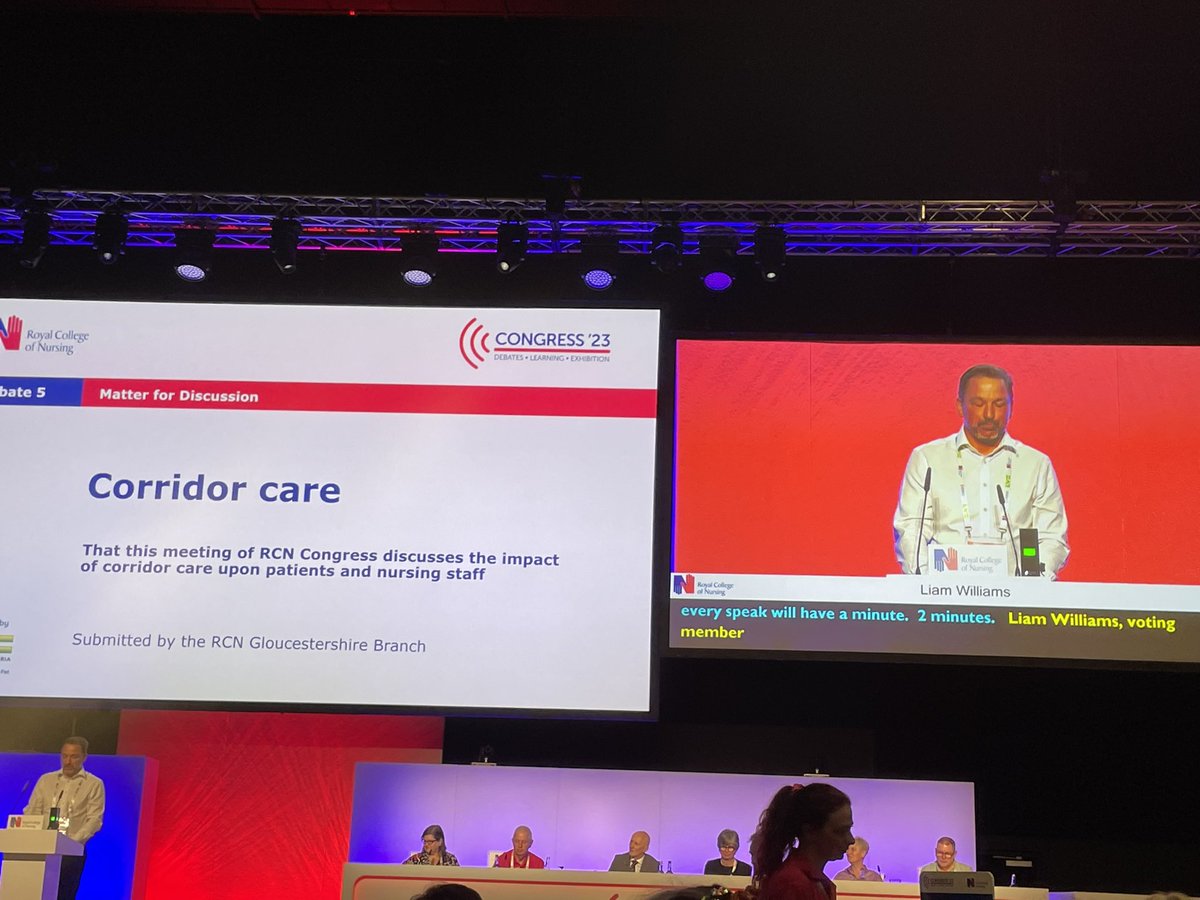 RCNMandLForum's tweet photo. #RCNCongress23 Liam Williams #NMLF corridor care needs systems leadership, partnership working, leadership from the government, the RCN must lobby to end this disgraceful care of people https://t.co/znjVrF30Sy