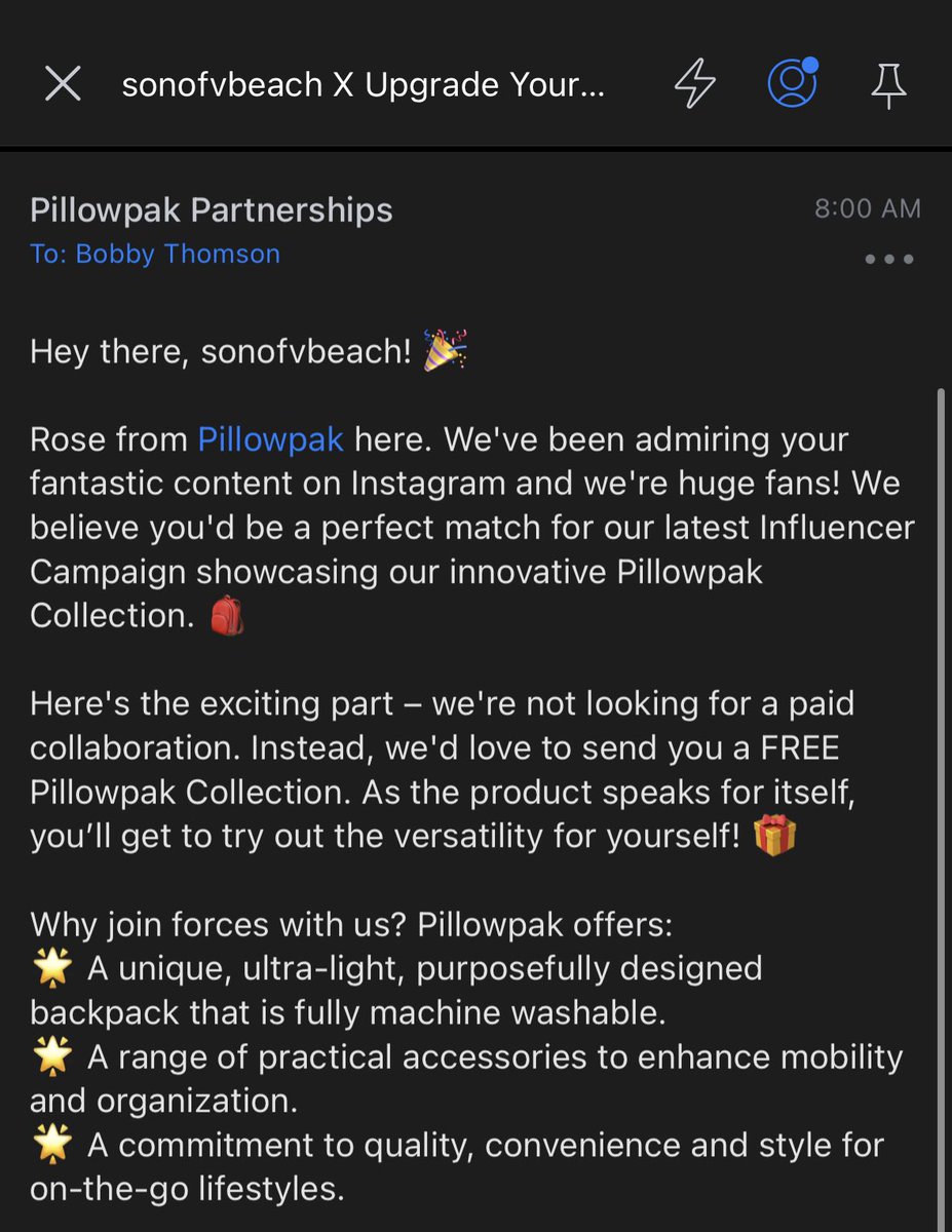 This brand says they’re huge fans (they don’t follow me) and the “exciting part” of the deal is not being paid to hawk their product. Receipts 👇

@getpillowpak 

#brandstrategy #InfluencePeddling #influencermarketing #Influencer