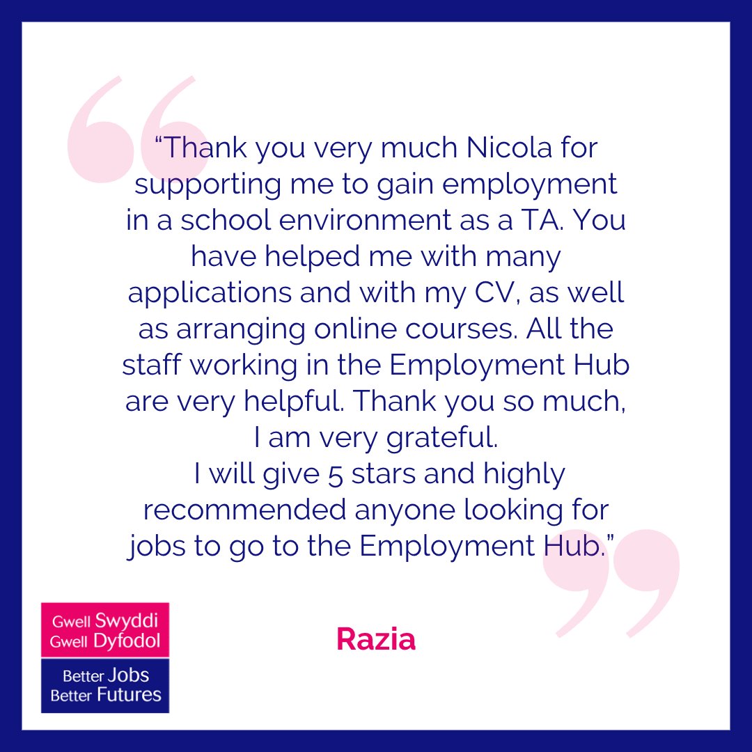 SwanseaBJBF's tweet photo. Well done to client Razia who has secured a fantastic Teaching Assistant role. Thank you for the lovely feedback! 💙
#SuccessAlert #Feedback https://t.co/tPVuTlxd69