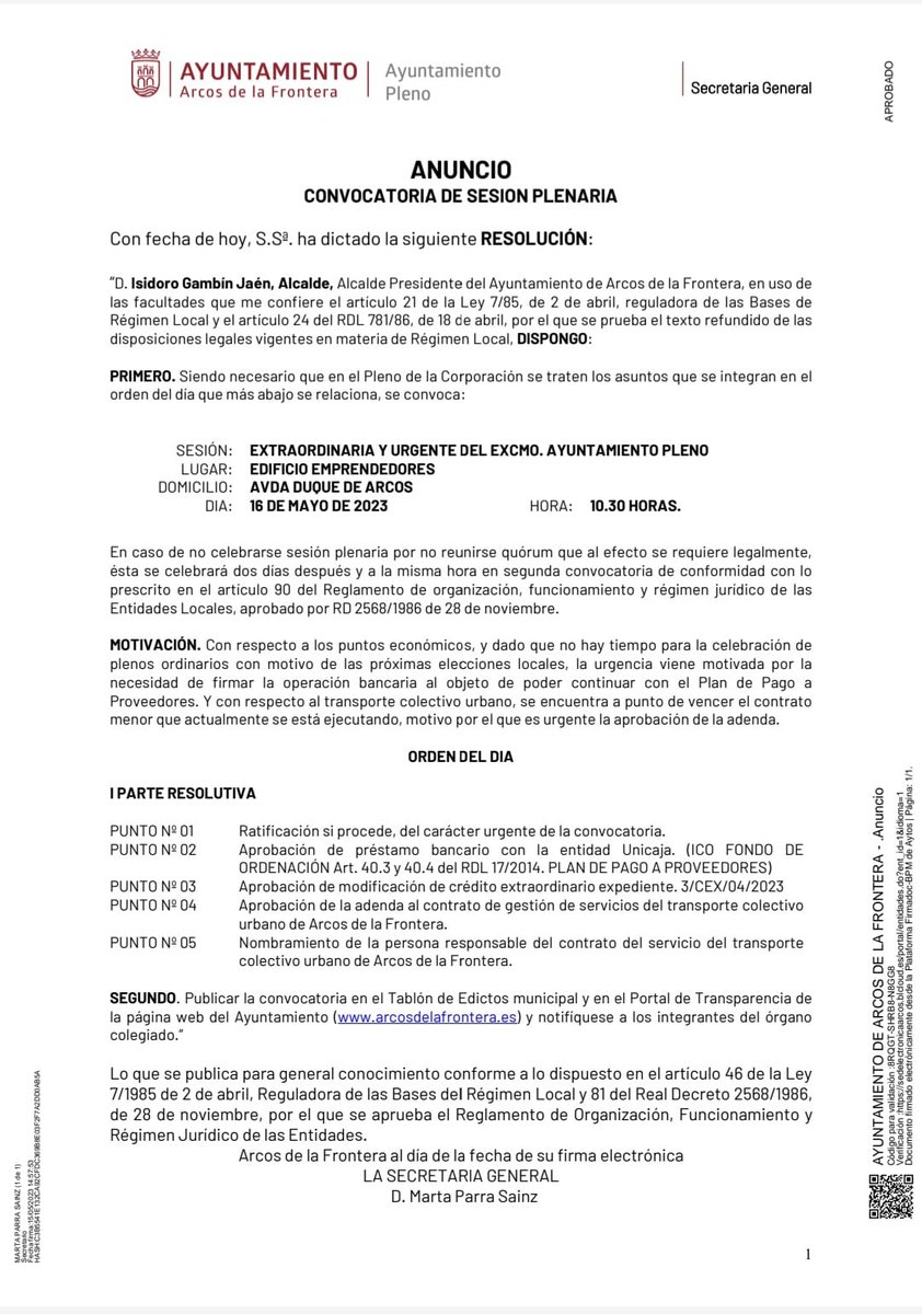 ℹ️ Convocatoria de Pleno para mañana, martes.