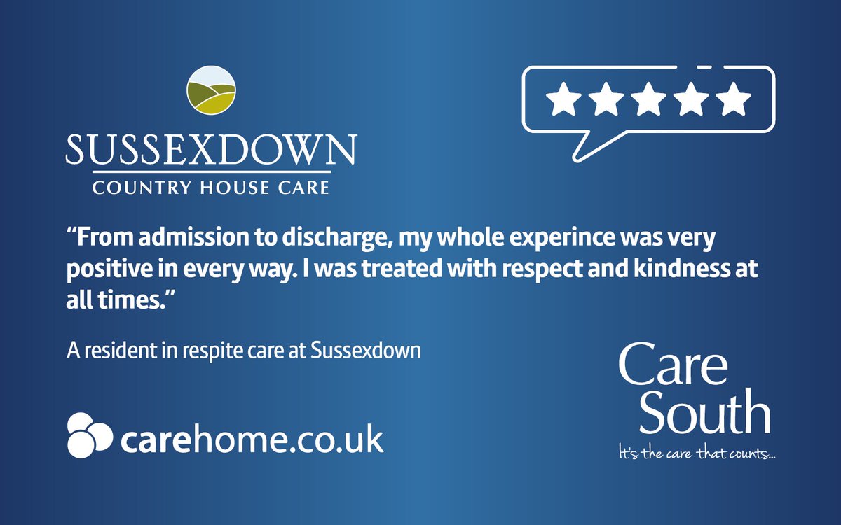 CareSouthUK's tweet photo. A resident in respite care at #Sussexdown shared this wonderful #FiveStarFriday #review:   

"From admission to discharge, my whole experience was very positive in every way. I was treated with respect and kindness at all times."  

⭐⭐⭐⭐⭐ 

#FoodFunFriendship #CareSouthUK https://t.co/noweLBHzVE