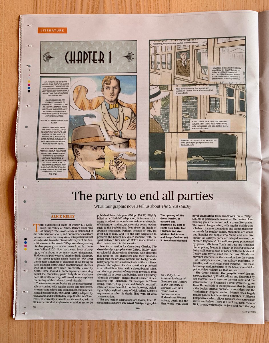 DrAliceKelly's tweet photo. My review of four graphic editions of The Great Gatsby is in this week's @TheTLS - just some of the new versions since the text came out of copyright in 2021. I really enjoyed reviewing these diverse interpretations by @WoodmanMaynard, @JCoelhoPT, Pete Katz and Aya Morton. https://t.co/nNghlRrEFk
