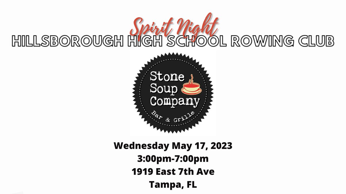 Save time, have Stone Soup Company Bar &amp; Grille make your dinner and help out HHSRC!

Make sure to mention HHSRC when checking out - 15% of your purchase will go back to the club!

May 17, 2023
3:00 pm-7:30 pm
1919 East 7th Avenue
Tampa
groupraise.com/events/230444
