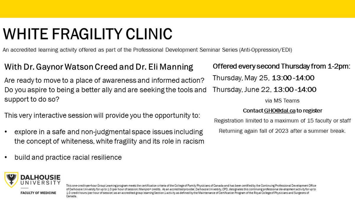 White Fragility Clinic THIS WEEK - Register now!
May 25 | 1300-1400
Join @GWChealth and #DrEliManning to learn more about #Whiteness and its role in #Racism
#AntiOppression #WhiteFragility
tinyurl.com/pdsemser @DalMedSchool @DalMedNB @DalGlobalHealth
