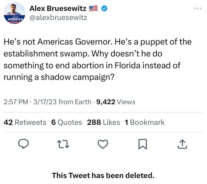 emeriticus's tweet photo. Alex has, until today, insisted that DeSantis has not done *enough* on the abortion issue. 

But after Trump hit just DeSantis from the *left* on abortion, Alex deleted his pro-life tweets. 

This is MAGA Inc. in a nutshell, grifters who believe in nothing but their paychecks. https://t.co/AZNX4VOklm