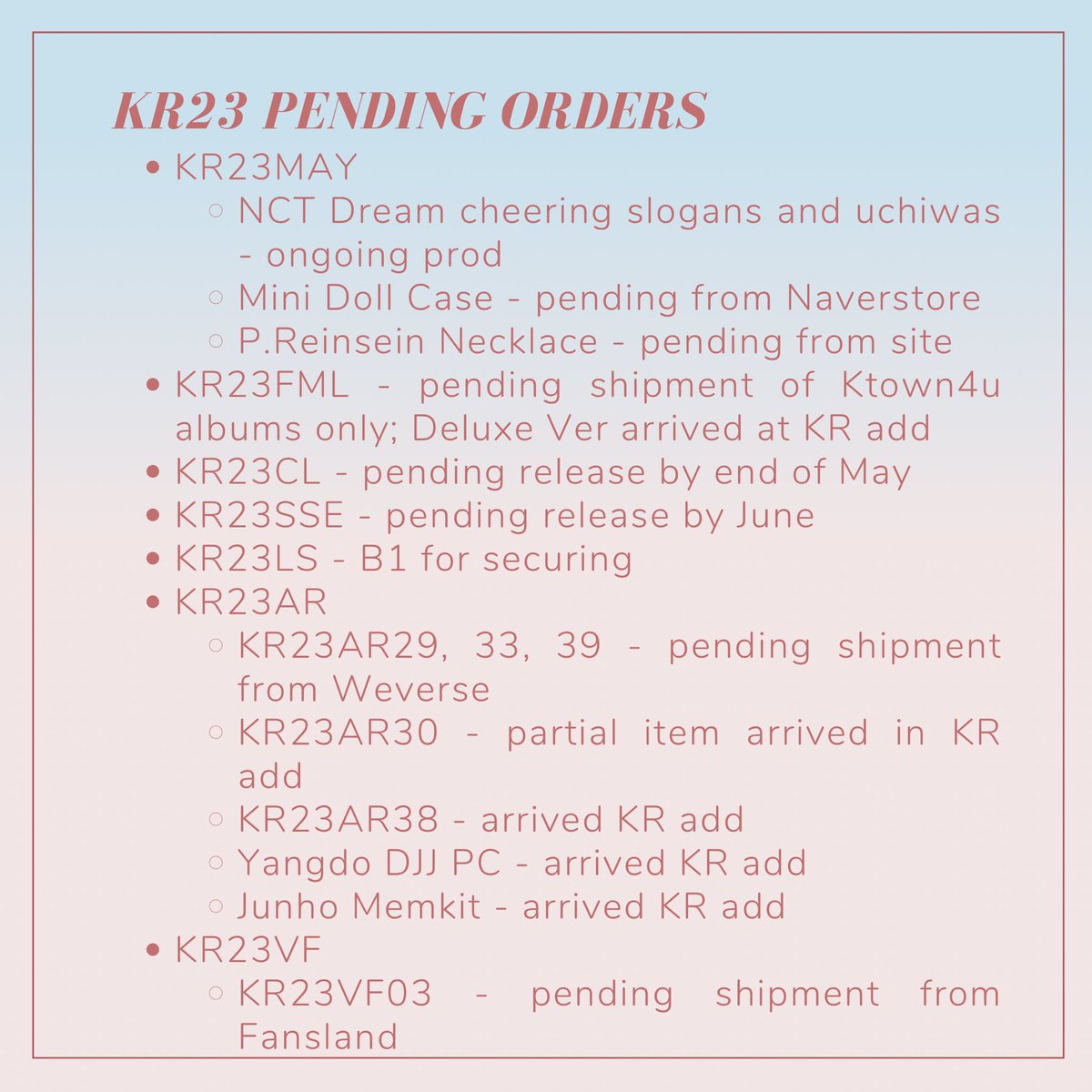 springfallph's tweet photo. -cont-
#SFPHUpdate as of May 15, 2023
Tracking File Link: https://t.co/Z6hwjhcPRl
If I missed any order/batch or if you have additional questions, please let me know via dm so I can recheck the status. Thank you! https://t.co/e3fndLZ7Ru