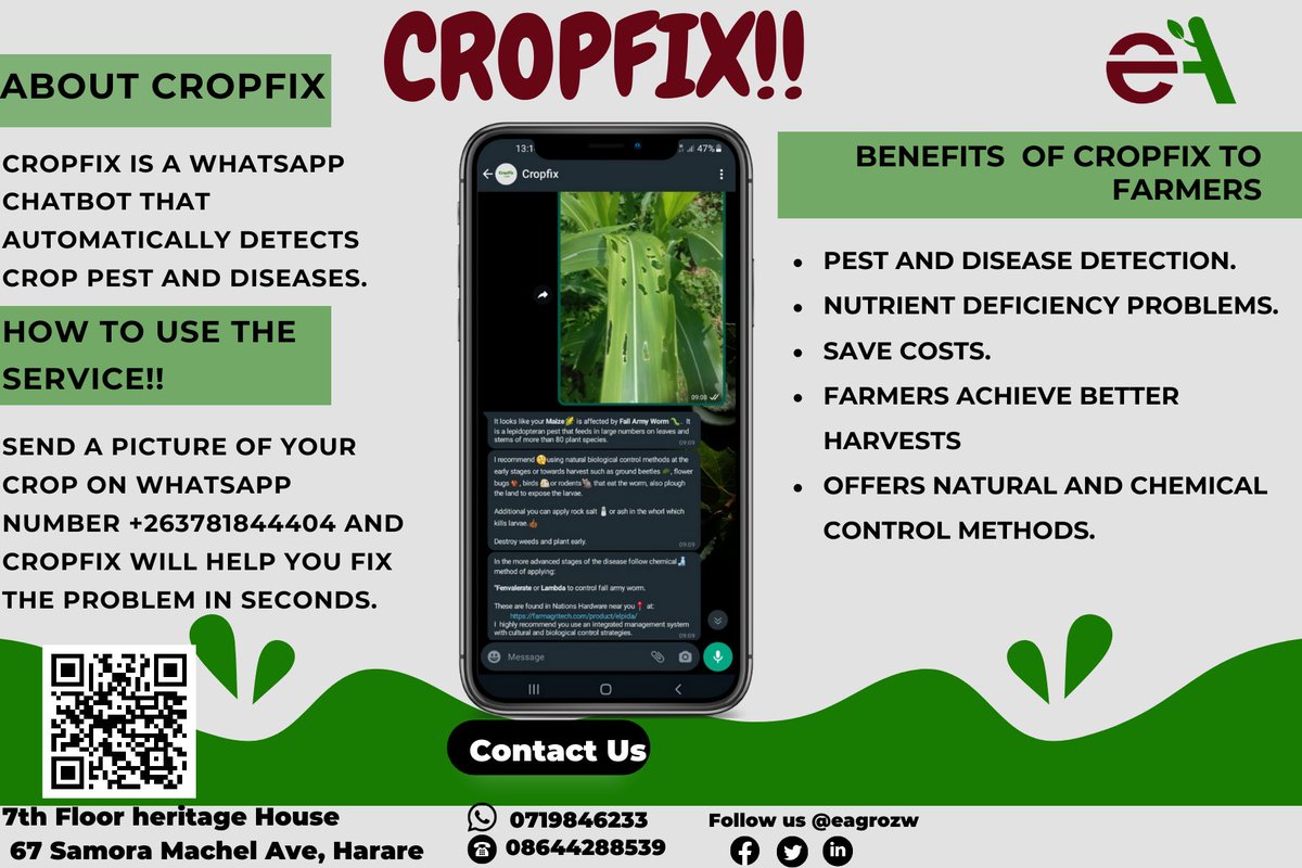 eagrozw's tweet photo. DID YOU USE CROPFIX TODAY?
Get help diagnosing crop pest or disease problems for your Maize, Cotton, Potato, Wheat and Beans with Cropfix. Just send an image of your crop to
https://t.co/Cw7FcNzNaX...
#cropfix #inclusivefarming #eagro #FarmWise #eagro #farming https://t.co/s4uNNkFxcH