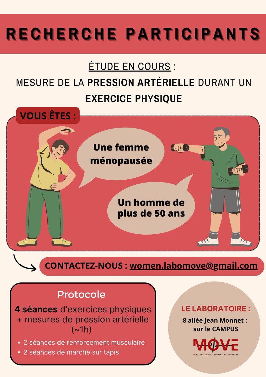 Laboratoire MOVE (@labomove) on Twitter photo 🚨 On recrute des participants 🚨
- Femme ménopausée
- Homme + 50 ans
Contactez-nous : women.labomove@gmail.com 🚨 On recrute des participants 🚨
- Femme ménopausée
- Homme + 50 ans
Contactez-nous : women.labomove@gmail.com