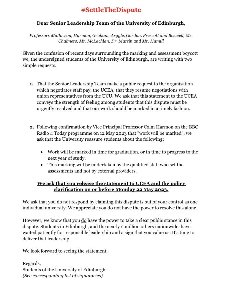 One final push to try and prevent the national scandal of students’ time, effort and money being wasted.

#SettleTheDispute is a student-led campaign being set up across the country. It asks VCs to call for <a href="/UCEA1/">UCEA</a> to resume negotiations now.

<a href="/EdinburghUni/">The University of Edinburgh</a> please help end this.