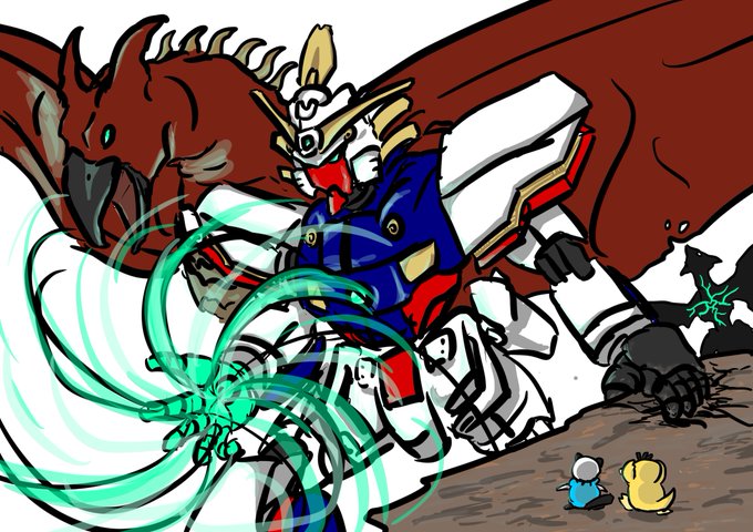 息子が母の日のプレセントにシャイニングガンダムとラドンとギャオスとコダックとミジュマルを描いてくれました。嬉しい!!!!!!」