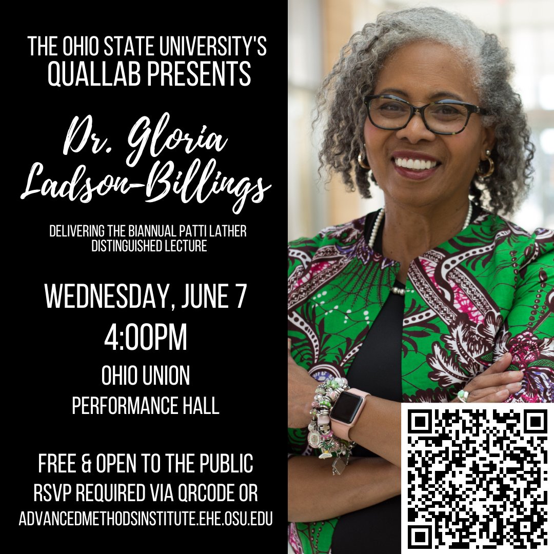 QualLabOSU's tweet photo. Dr. Ladson-Billings' keynote "It Turns out 8 is Enough: The Power of Small-Scale, Qualitative Research to Transform the Field" for #AMI2023 is free &amp; open to the public @OSUehe
Register for in-person keynote only: https://t.co/wllT0zemtw
Register for AMI: https://t.co/i8mzgs0kX2 https://t.co/jJClaJ2FMC