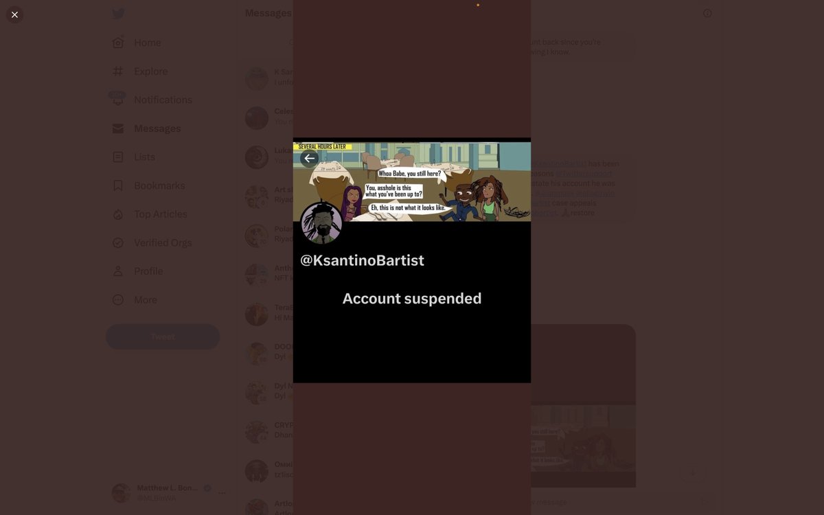 Our community member
<a href="/KsantinoBartist/">K Santino Blackartist 🇸🇸🇺🇸</a>
has been suspended for unknown reasons
@Twittersupport
@TwitterSafety
kindly reinstate his account he was working on Web3 Projects.
<a href="/elonmusk/">Elon Musk</a>
<a href="/ellagirwin/">Ella Irwin</a>
please review
<a href="/KsantinoBartist/">K Santino Blackartist 🇸🇸🇺🇸</a>
case appeals unanswered #freeksantinobartist. 🙏🏾restore