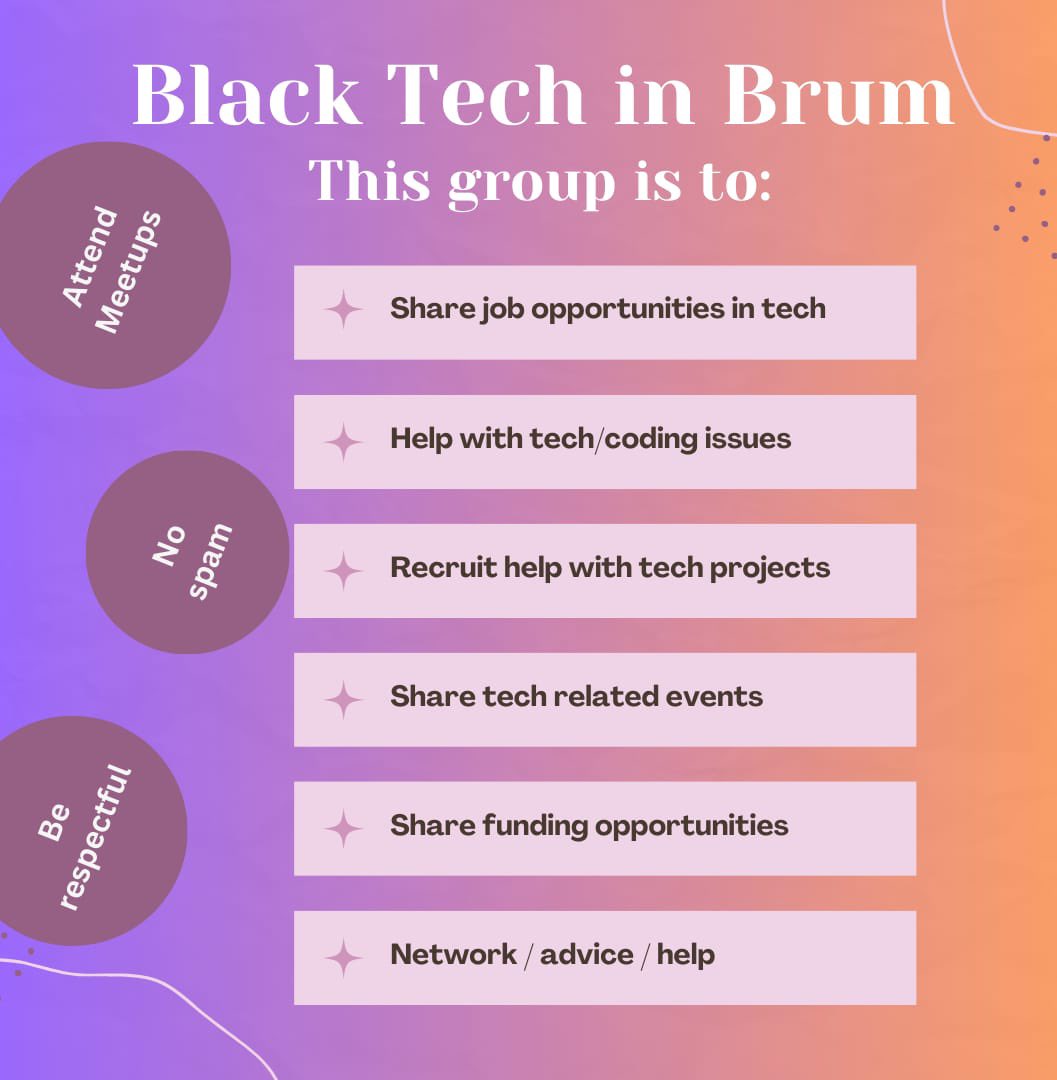DomLescott's tweet photo. There’s a new Black Tech in Brum group for anyone from Birmingham and West Midlands https://t.co/bv1kFS1TIZ #birminghamtechweek #codingblackfemales #blackintech https://t.co/c2dYmD8oOY