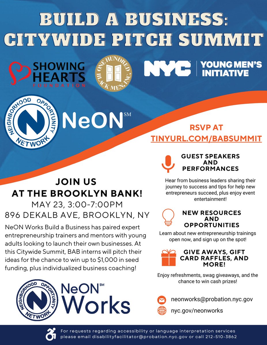 Join the Build a Business Pitch Summit on 5/23 at
<a href="/thebrooklynbank/">The Brooklyn Bank</a>, featuring business resources &amp; NeON Works emerging entrepreneurs from across NYC! Winning pitches will win seed funding plus audience members can win giveaways and prizes too! RSVP at linktr.ee/nycneon