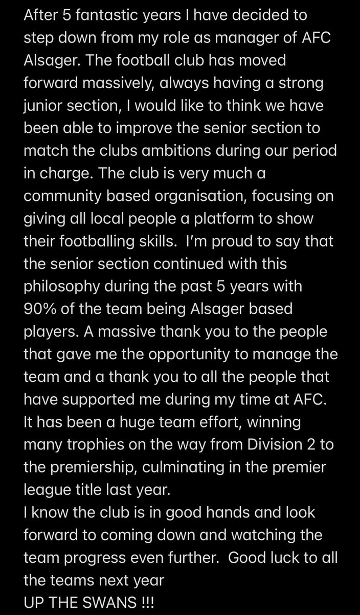AfcAlsagerFirst's tweet photo. 💬 A message from the Gaffer! 

We would like to thank Mark for everything he’s done and achieved with the club in his 5 years in charge!

Division 2 ✅
Division 1 🏆
Premier Divison🏆
League Challenge cup 🏆
Presidents trophy 🏆
Leek cup 🏆

🧡🧡🧡 https://t.co/dQ9dF6zDOa