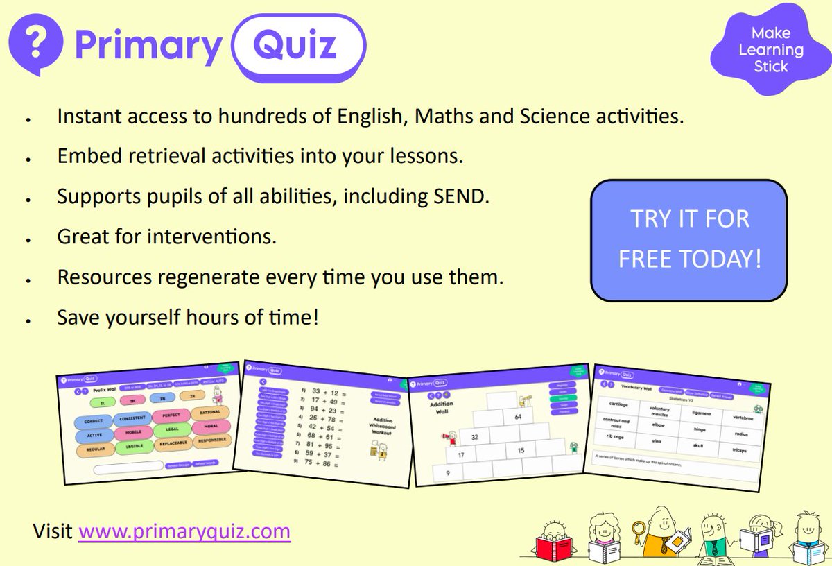 Instant access to quizzes, puzzles and investigations which will help you to embed retrieval activities into your lessons and reduce workload. Resources regenerate! Sign up for a free trial today for a chance to win a 1 year subscription for your school. primaryquiz.com