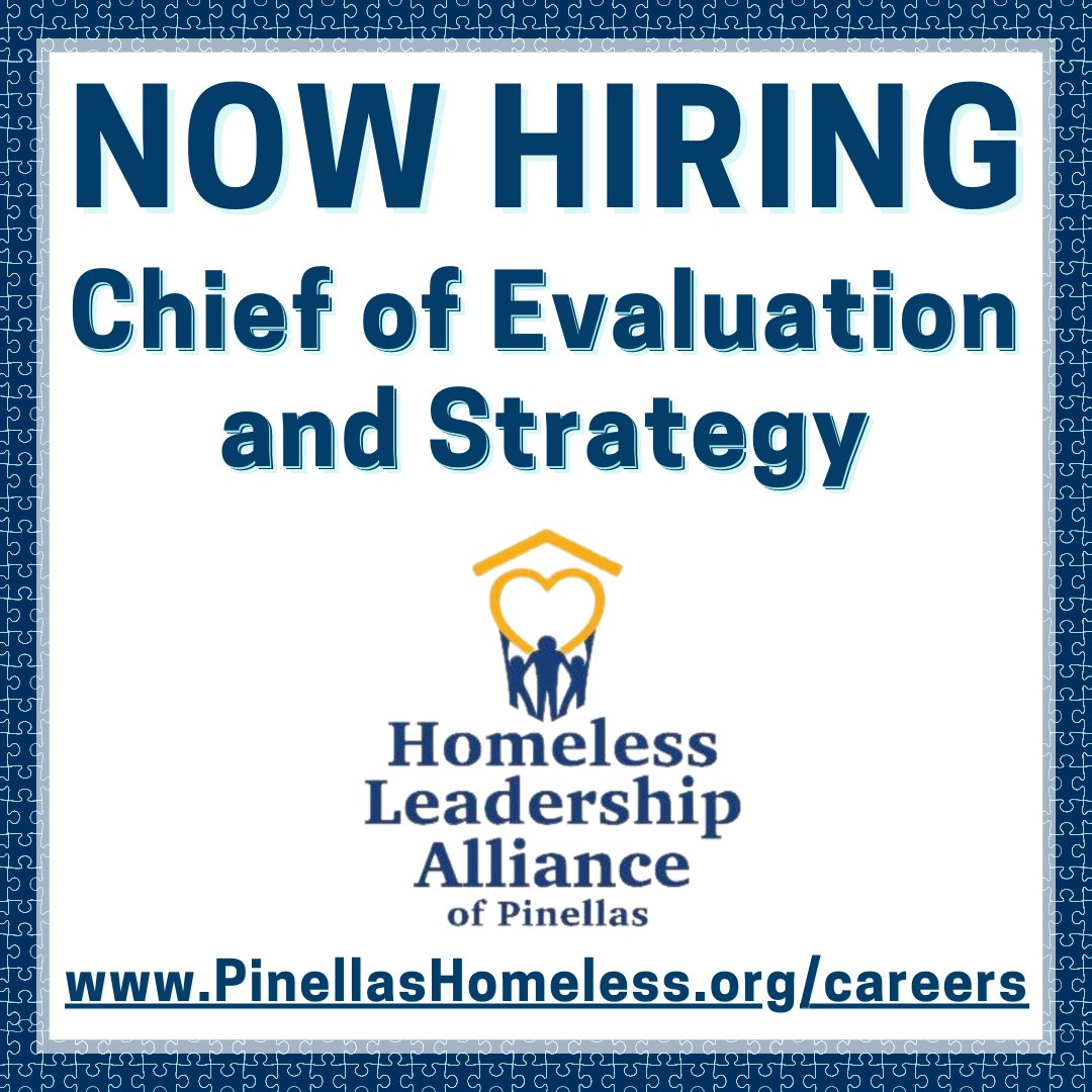 We are #NowHiring a Chief of Evaluation & Strategy to:
🌟 Lead & coordinate
🌟 Develop & communicate a strategic plan
🌟 Evaluate & improve the #ContinuumOfCare’s functions & their impact on preventing & ending homelessness
📲 PinellasHomeless.org/careers

#EndingHomelessnessTogether