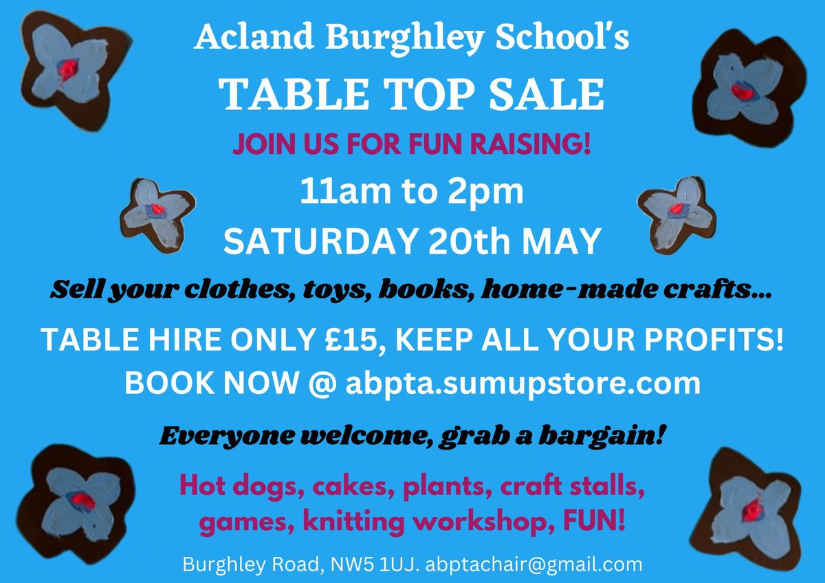 No plans for the weekend yet? Why not come down to Acland Burghley for a fun raising table top sale on Saturday 11am to 2pm. There will be clothes, games, books and home-made crafts for sale, as well as hot dogs and a knitting workshop!