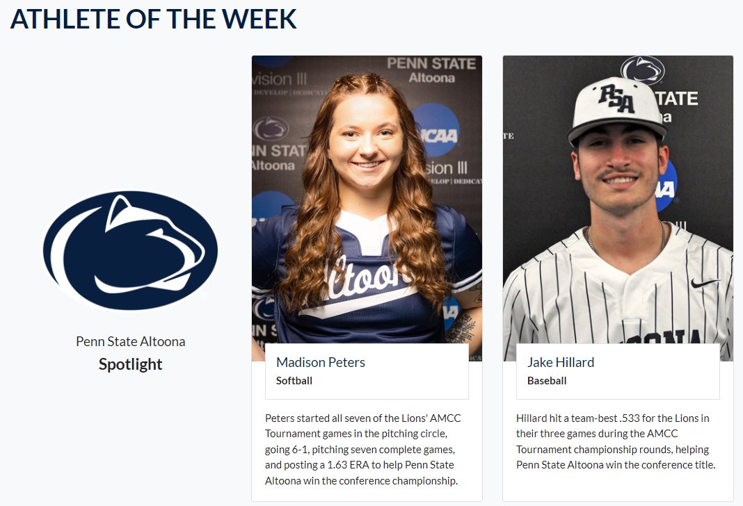 PSAltoonaLions's tweet photo. Thanks to their performances during the final rounds of the AMCC baseball and softball tournaments last week, junior utility player Jake Hillard and sophomore right-handed pitcher Madison Peters are our Athletes of the Week!

Visit https://t.co/O9uTfVRRSo to learn more. https://t.co/bgcVee524a