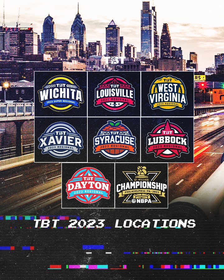 thetournament's tweet photo. Here’s everywhere we’re headed for TBT 2023 😃

- Wichita 
- Louisville
- West Virginia (Wheeling)
- Xavier 
- Syracuse 
- Lubbock 
- Dayton
- Philadelphia (Championship Week🏆) https://t.co/60Vjv4IvlL