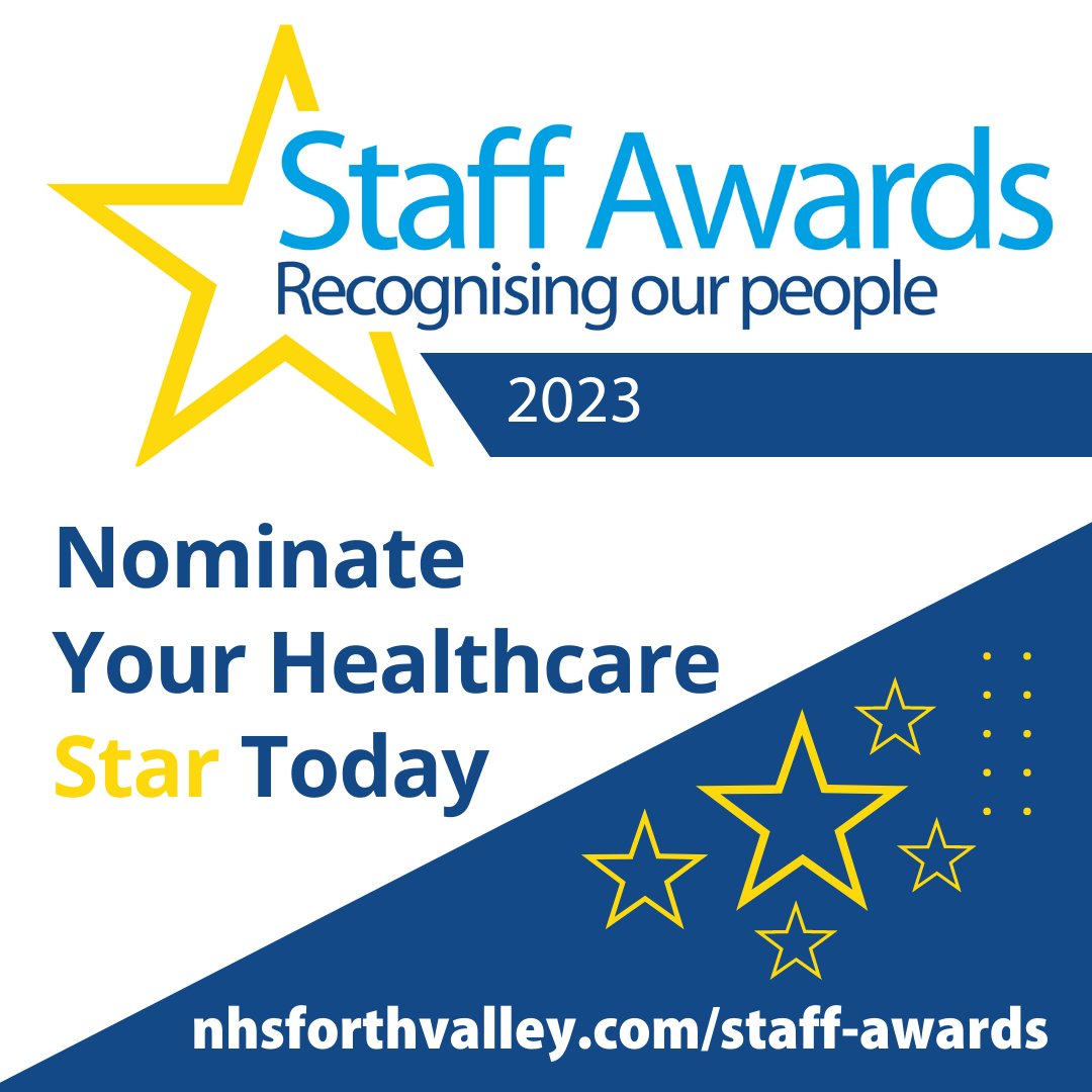 The NHS Forth Valley Staff Awards 2023 are now open!

The awards provide an opportunity for patients and members of the public across Forth Valley to nominate their local healthcare stars for a NHS Forth Valley Staff Award.

You can nominate at nhsforthvalley.com/staff-awards