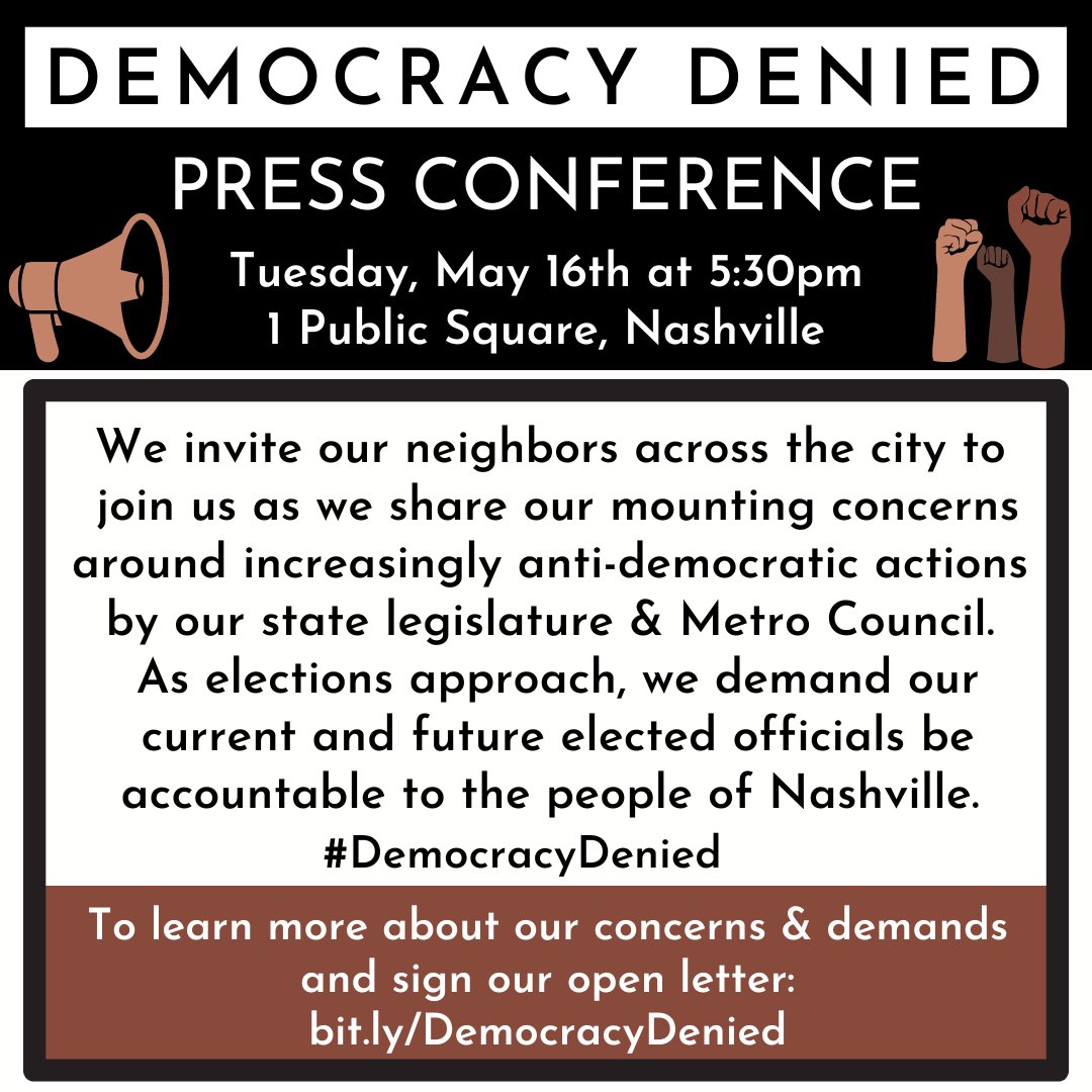 Community members will gather for a press conference outside the Metro Nashville Historic Courthouse Tuesday, May 16th, 2023 at 5:30 p.m. to share ongoing concerns about the increasingly anti-democratic actions by our state and local representatives.