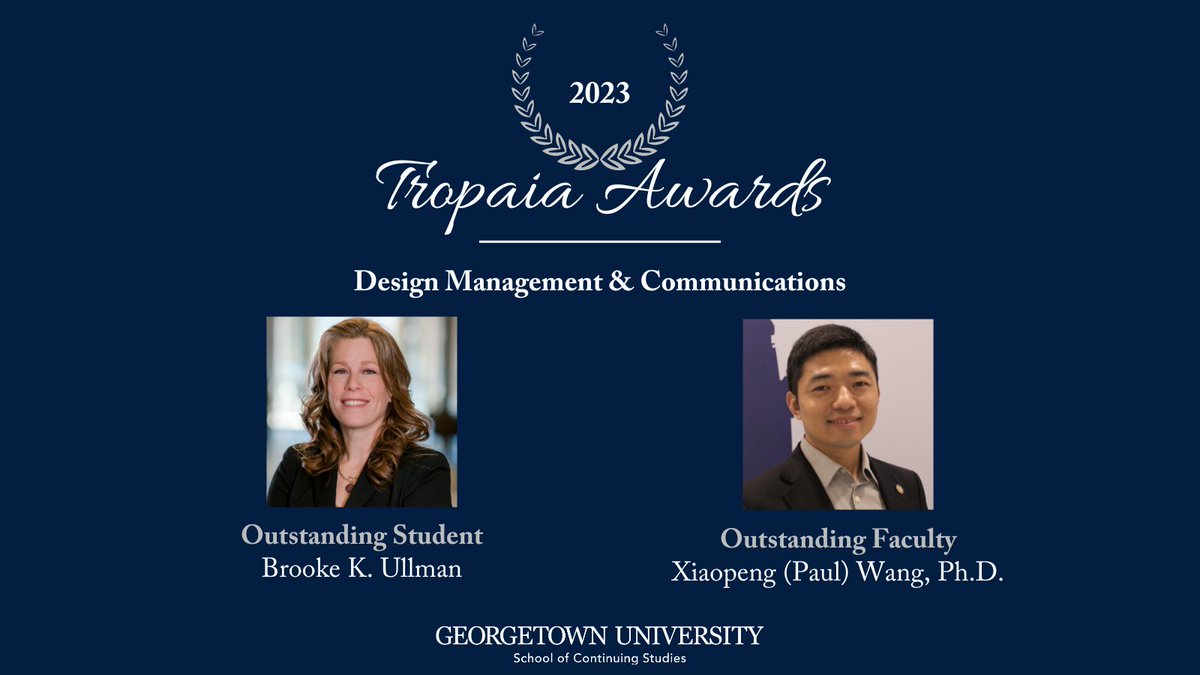 Congratulations to this year's DMC Tropaia winners: Xiaopeng (Paul) Wang and Brooke Ullman. This exceptional faculty member and student both represent the very best of the Georgetown SCS community, and we couldn't be prouder of all their accomplishments!
#HoyaSaxa #DMCHoyas.  .