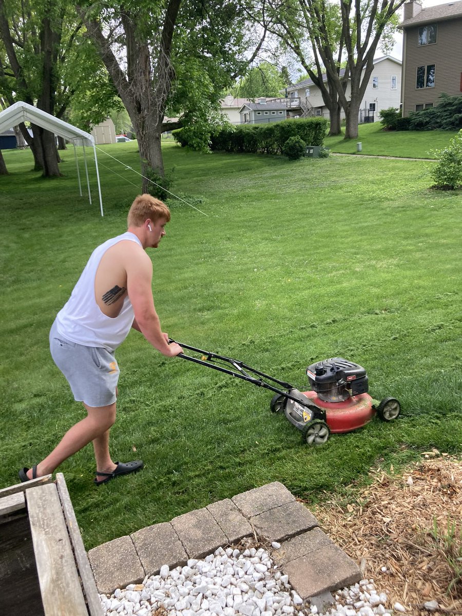 I made a sweet NIL deal with this Hawkeye football player.  He mows my lawn and then he gets to eat and sleep in his room. 😉 Go Hawks!