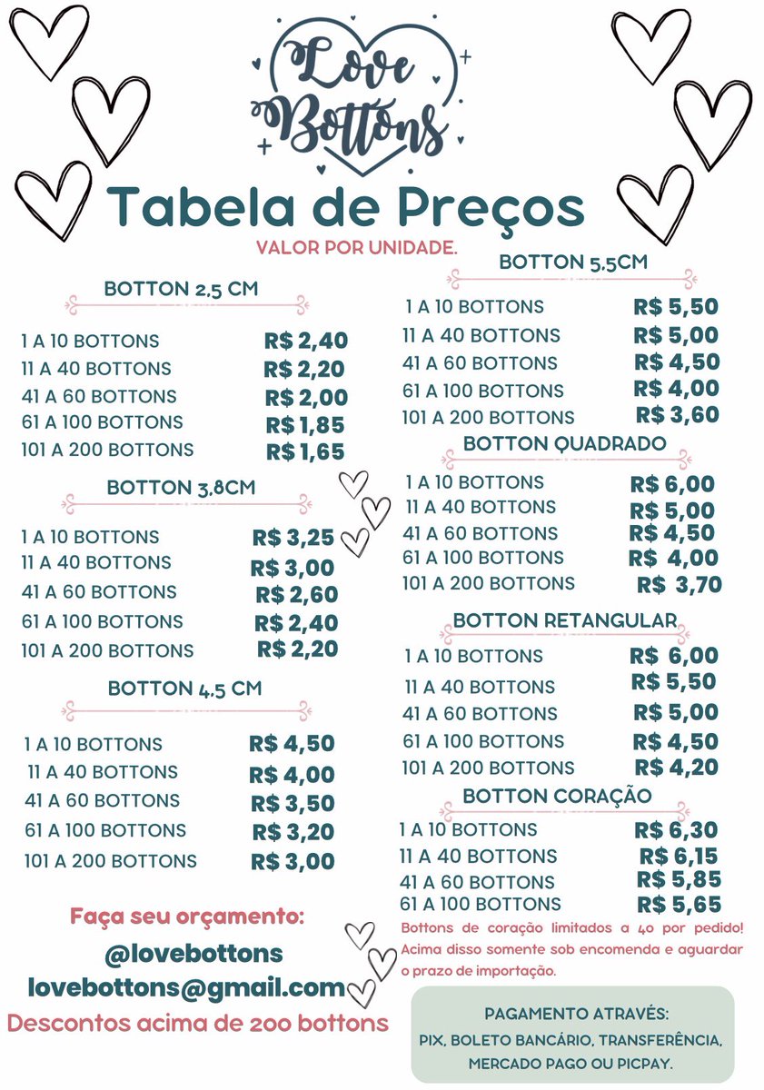 LoveBottons's tweet photo. Nossa tabela de valores ♥️ https://t.co/22hLnvdf7z