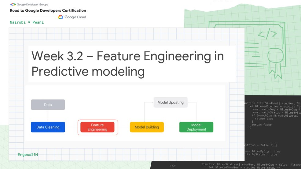 Ngesa254's tweet photo. 📚🌩️It's Week 3.2 #PrepWithGDG Cloud Study Jam!

🏹Today we will explore the fascinating world of feature engineering and how it supercharges #ML models...

Let's get started!
 
⤵️🚀 #GoogleCloud #RGDC #GDGNairobi #ML #CloudAI https://t.co/83FUXjjtVI