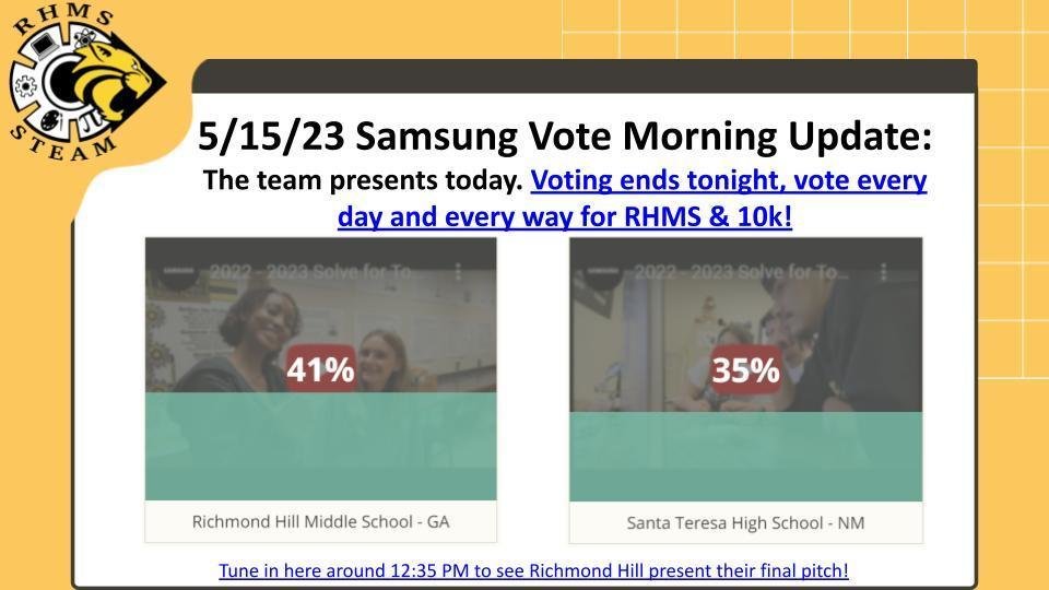 Today is the final day to vote!  Click the link to vote.  You will also be able to access the live feed for our presentation today at 12:30.  #WeAreRHMS Link: docs.google.com/presentation/d…