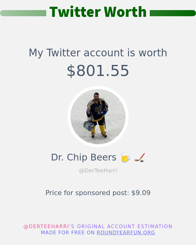 My Twitter worth is: $801.55

➡️ anyplacehere.me/twitterworth