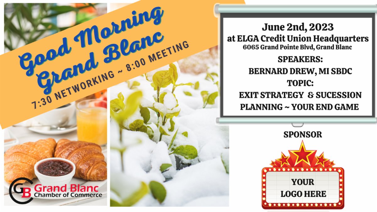 GB_Chamber's tweet image. Did you register yet?  Join Bernard Drew from the MI-SBDC for Exit Strategy &amp;amp; Succession Plan - Your End Game.  If you're interested in sponsoring this meeting, give us a call (810) 695-4222.  conta.cc/3MrGeMs
conta.cc/41xUDe5