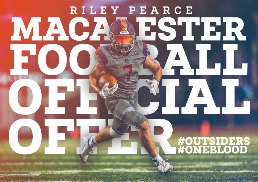 pearceriley1's tweet photo. Blessed to have received an offer from @MacalesterFB!! Thank you coach @Phil_Nicolaides for the opportunity to play! @TheCoachReedzo @CoachKwillis @CoachKBChung @Coach_Artinian @TwoRivers_FB https://t.co/ayOGz0T9OT