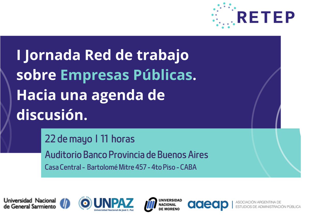 red_retep's tweet photo. 💡📣 Se viene la I Jornada de la ReTEP! Lunes 22/05, desde las 11 hs., evento abierto y gratuito con participación de directivos/as y académicos/as.
Registrate en el link y recibí más info: https://t.co/jdBQ8vUczm
#empresaspublicas #empresasestatales https://t.co/zPixpcAP2O