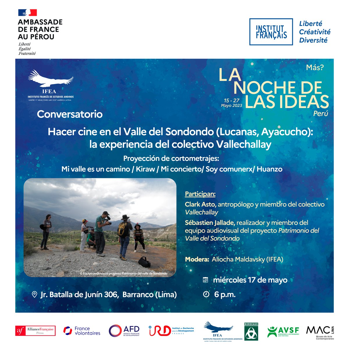 📣 Los invitamos a participar del conversatorio: 𝙃𝙖𝙘𝙚𝙧 𝙘𝙞𝙣𝙚 𝙚𝙣 𝙚𝙡 𝙑𝙖𝙡𝙡𝙚 𝙙𝙚𝙡 𝙎𝙤𝙣𝙙𝙤𝙣𝙙𝙤 (𝙇𝙪𝙘𝙖𝙣𝙖𝙨, 𝘼𝙮𝙖𝙘𝙪𝙘𝙝𝙤): 𝙡𝙖 𝙚𝙭𝙥𝙚𝙧𝙞𝙚𝙣𝙘𝙞𝙖 𝙙𝙚𝙡 𝙘𝙤𝙡𝙚𝙘𝙩𝙞𝙫𝙤 𝙑𝙖𝙡𝙡𝙚𝙘𝙝𝙖𝙡𝙡𝙖𝙮,  este miércoles 17 de mayo a partir de las 6 p.m.