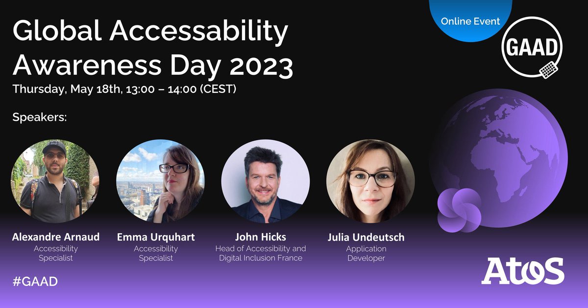 AkwyZ's tweet photo. 📣 Join us in celebrating Global Accessibility Awareness Day (#GAAD). Don't miss out on our @Atos #LiveStream happening on Thursday, May 18th, from 13:00 – 14:00 (CEST). 🎥
 For more information, visit https://t.co/eMsCcr9evO
#GlobalAccessibilityAwarenessDay #Accessibility https://t.co/UnYbinp4PP