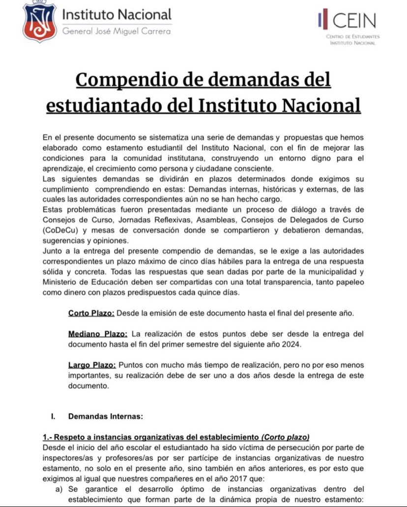 Murosyresisten's tweet photo. Mientras AHORA Carabineros reprime a estudiantes del IN, difundimos el Compendio de Demandas del Estudiantado, que incluye exigencias mencionadas en petitorio del año pasado, como salud mental, infraestructura, insumos básicos,más docentes, opciones vegana y vegetariana en JUNAEB https://t.co/3IqxoEhQVT