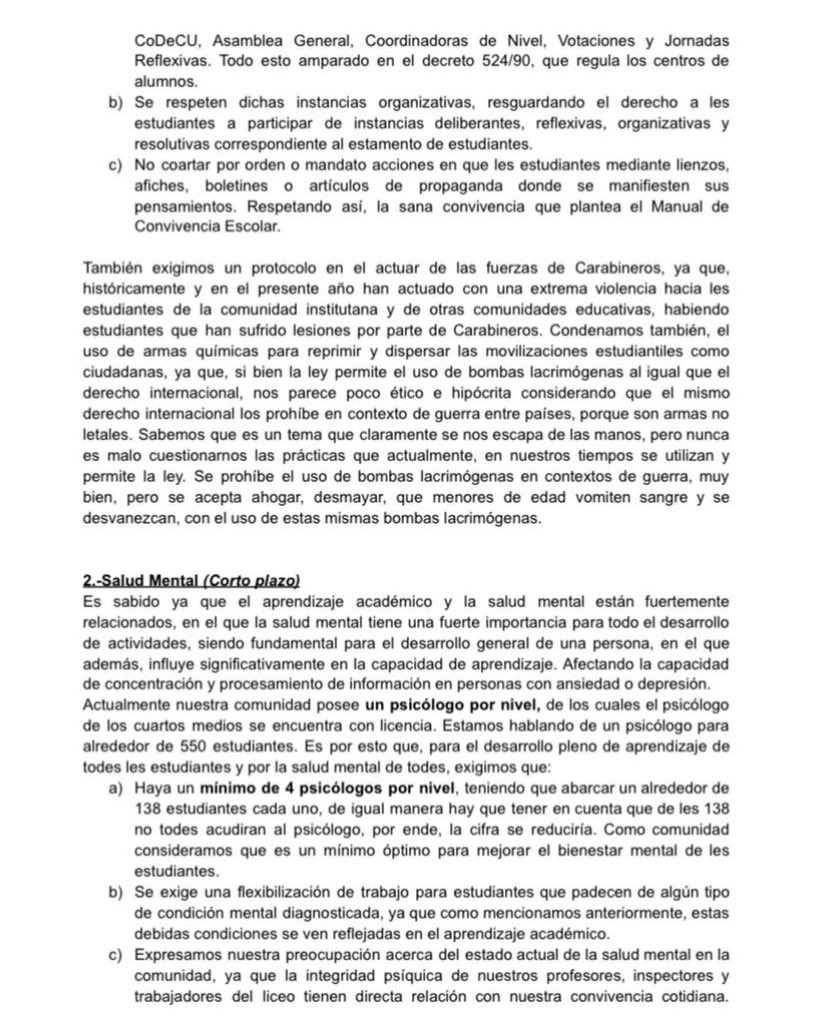 Murosyresisten's tweet photo. Mientras AHORA Carabineros reprime a estudiantes del IN, difundimos el Compendio de Demandas del Estudiantado, que incluye exigencias mencionadas en petitorio del año pasado, como salud mental, infraestructura, insumos básicos,más docentes, opciones vegana y vegetariana en JUNAEB https://t.co/3IqxoEhQVT
