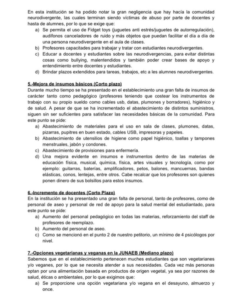 Murosyresisten's tweet photo. Mientras AHORA Carabineros reprime a estudiantes del IN, difundimos el Compendio de Demandas del Estudiantado, que incluye exigencias mencionadas en petitorio del año pasado, como salud mental, infraestructura, insumos básicos,más docentes, opciones vegana y vegetariana en JUNAEB https://t.co/3IqxoEhQVT