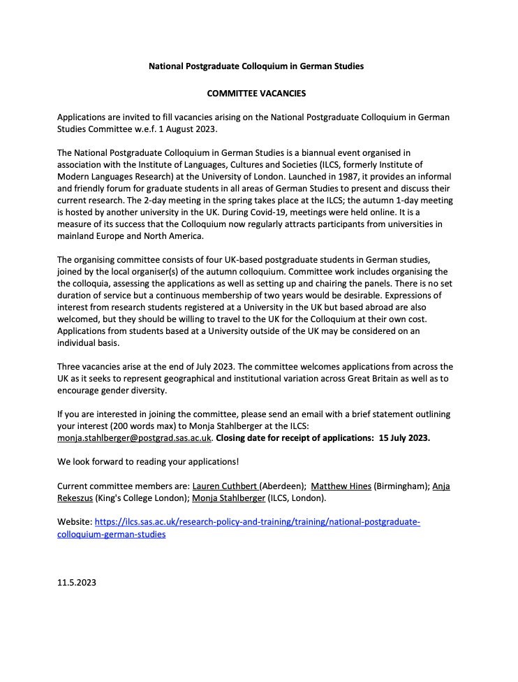 MonjaSt96's tweet photo. Calling all🇩🇪-Studies PGs! We are looking for new members for the organising committee of our National PG Colloquium which includes organising the the colloquia, assessing the applications &amp; chairing the panels. 
📅Deadline: 15 July 2023

https://t.co/IOv4krtyXL https://t.co/dRbQwz6YqY