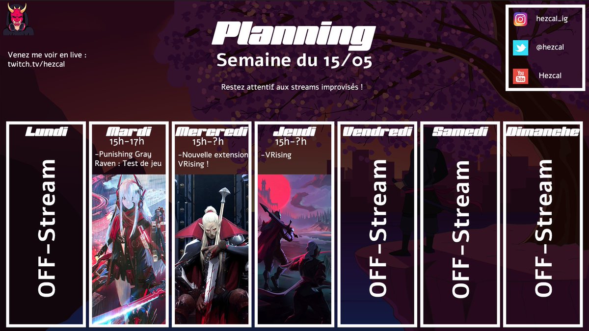 hezcal's tweet photo. Prog du 15 au 21. On part sur beaucoup de VRising. On va tenter d'aller au bout de l'extension, et on ne sera pas seul ! @DreamParadiiz sera de la partie et nous rejoindra sur la run.
Soyez attentif, il y a de forte chance pour que je stream beaucoup plus que prévu ! https://t.co/8YcWKmjMN7