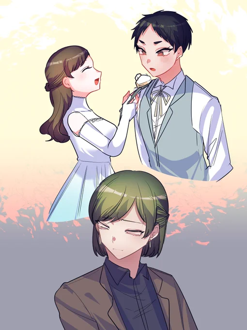 リクエストで「二川くんと主人公ちゃんの結婚式に来る宮市」でした!ありがとうございました! #俺と僕のプリマドンナ #めがねの天ぷら