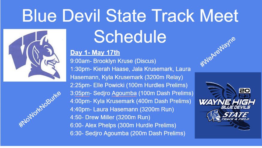wayne_track's tweet image. It’s State Track week! Your Blue Devil track athletes will be in action on Wednesday and Thursday at Burke Stadium in Omaha! Good luck all Blue Devil and area athletes competing at the state track meet! 
#WeAreWayne #NoWorkNoBurke
@WayneSchools 
results.blacksquirreltiming.com/meets/21417